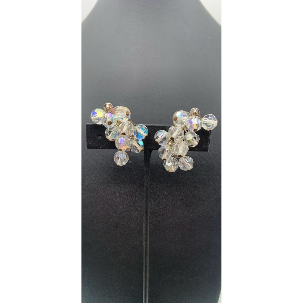 Vintage Faceted AB Aurora Borealis Crystal Dangle Ear Climber Clip On Earrings